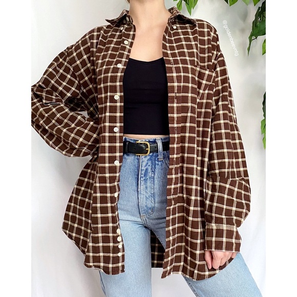 Vintage Tops - Vintage Sun River Mocha Plaid Oversized Cotton Boyfriend Flannel